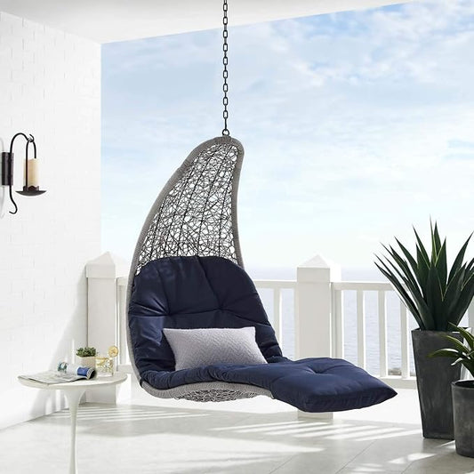 Modway Landscape Wicker Rattan Outdoor Patio Porch Chaise Lounge Hanging Swing Chair in Light Gray, Navy