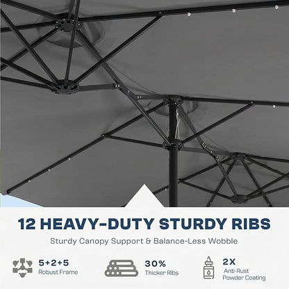 15FT Large Outdoor Patio Umbrella with Solar Lights and Base, Double-Sided Table Umbrellas with 48 LED Lights, Rectangle Market Umbrella for Pool, Deck, Backyard