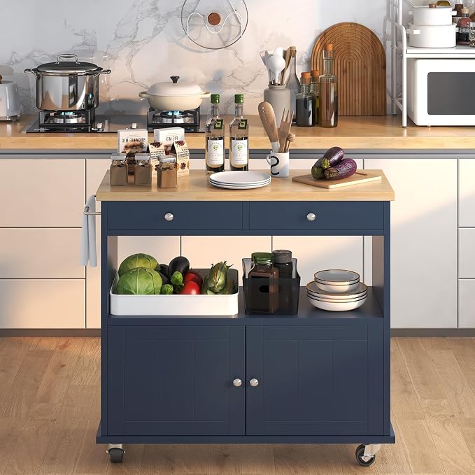 knoworld Rolling Kitchen Island with Storage Cabinet, 35.4'' Width Kitchen Cart, 2 Drawers Island Table, Portable Mobile Kitchen Island with Towel Rack, Wood Top and Lockable Wheels, Blue