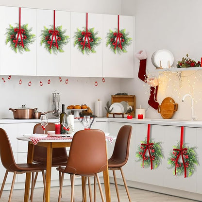 Suncalla 4 Pcs 11 Inch Mini Christmas Cabinet Wreath for Kitchen Christmas Berry Hanging Cabinet Wreath Decor with Red Bow Artificial Pine Candle Ring for Xmas Door Fireplaces Table Centerpiece