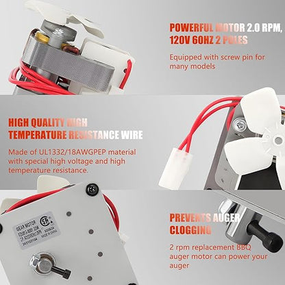 2.0 RPM Auger Motor Replacement Parts, Compatible with Traeger, Pit Boss, and Camp Chef, Wood Pellet Grill Smokers, Universal Barbecue Auger Motor Replacement 120V 60Hz 2 Pole
