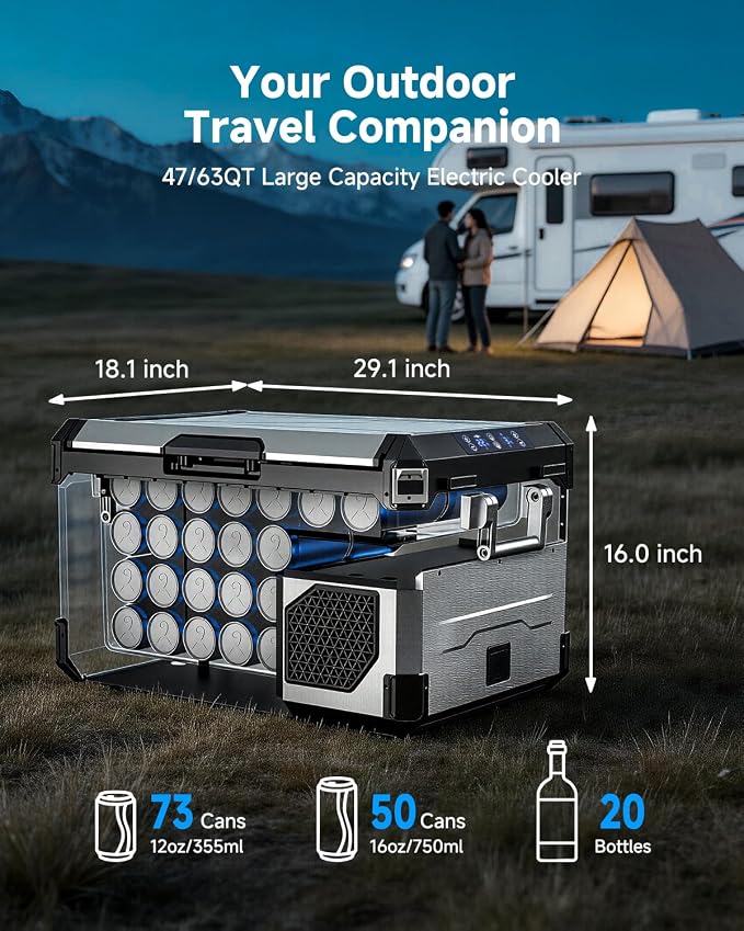 BODEGA Portable 12V Car Refrigerator, 47QT Stainless Steel Fridge with Removable Divider for Dual Zone MAX/ECO Modes & Battery Protection, Electric Cooler for RV, Truck, Camping