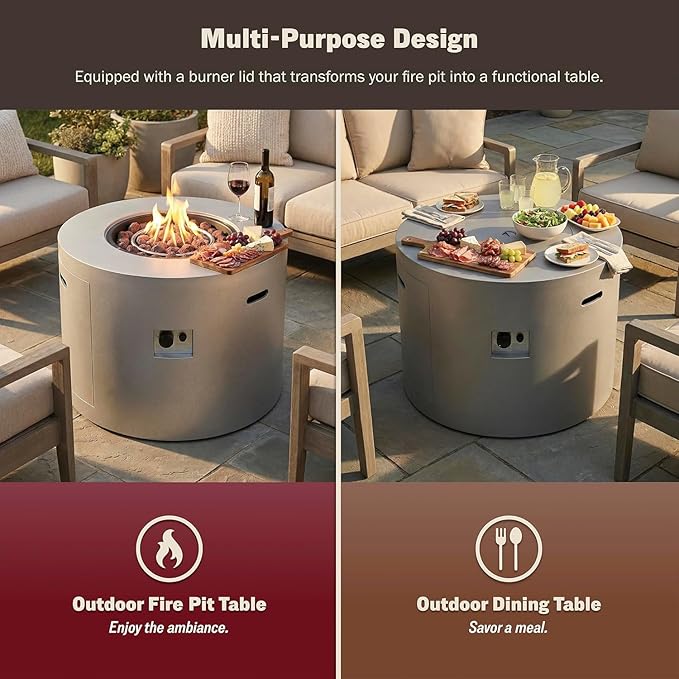 32 Inch Round Propane Fire Pit Table – 50,000 BTU Outdoor Gas Fire Table for Patio, Deck, Backyard, CSA Certified, Alloy Steel with Waterproof Cover, Lava Rocks & Lid, Gray
