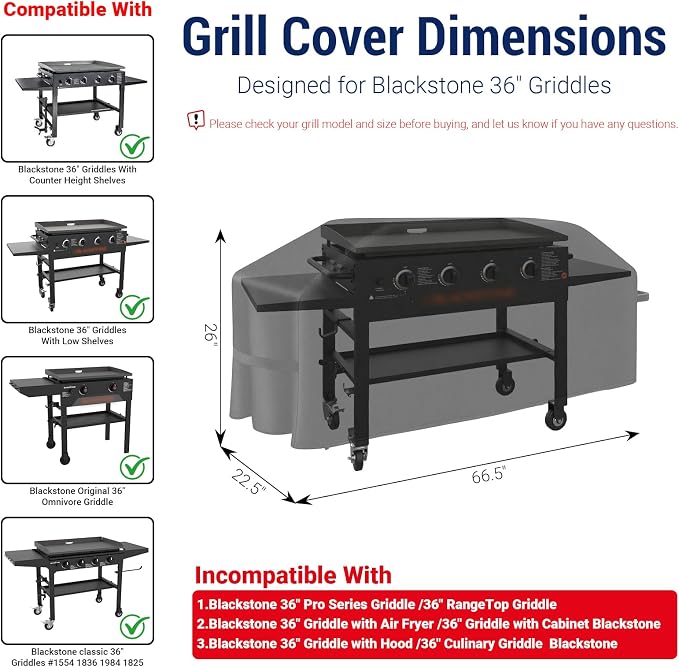 36" Griddle Cover for Blackstone 1528 Without Hood, 600D Waterproof | Outdoor Grill Cover with PU Coating Griddle for Blackstone more 4-Burner Griddles, Heat & Rip-Proof with Straps