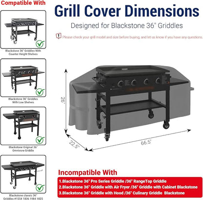 36" Griddle Cover for Blackstone 1528 Without Hood, 600D Waterproof | Outdoor Grill Cover with PU Coating Griddle for Blackstone more 4-Burner Griddles, Heat & Rip-Proof with Straps
