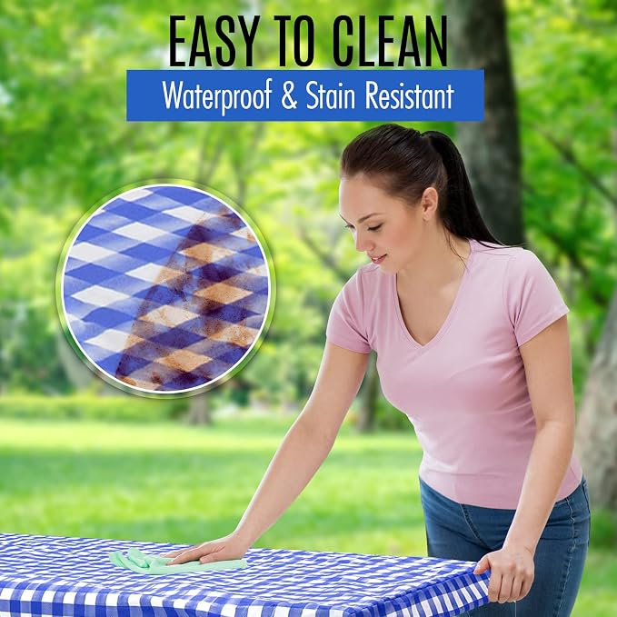LINPRO Premium Picnic Table Cover with Bench Covers Vinyl Fitted Picnic Table Covers with Elastic RV Camping Accessories and Camper Must Haves Waterproof (Blue Gingham, 96 x 30(8ft))