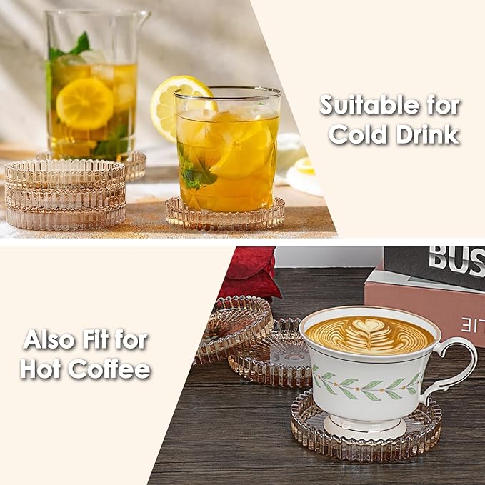 Modern Clear Glass Coaster Set of 8- Coffee Table Coasters, Crystal Coaster, Round Cup Mats, Coasters for Office, Kitchen, Bar, Dining Room, Living Room, Patio(Amber)