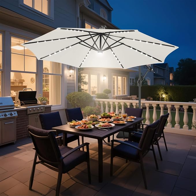 10 ft Solar Patio Umbrella Cantilever with Centre Light, Ivory | 40 LED Lights, UV Protection, Large Offset Patio Umbrella Outdoor for Garden, Deck, Backyard, Pool, Porch, Provides Shade