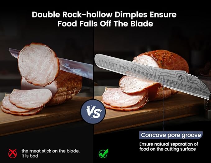 SYOKAMI Brisket Slicing Knife, 12 Inch Multifunction Carving Knife for Meat Cutting, Japanese Style Meat Slicer with Wood Full Tang Handle, Damascus Pattern Long Slicing for Roast Beef, Ideal for Gift