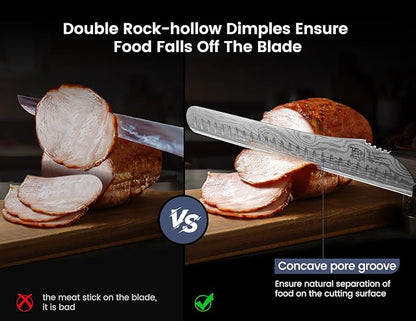 SYOKAMI Brisket Slicing Knife, 12 Inch Multifunction Carving Knife for Meat Cutting, Japanese Style Meat Slicer with Wood Full Tang Handle, Damascus Pattern Long Slicing for Roast Beef, Ideal for Gift