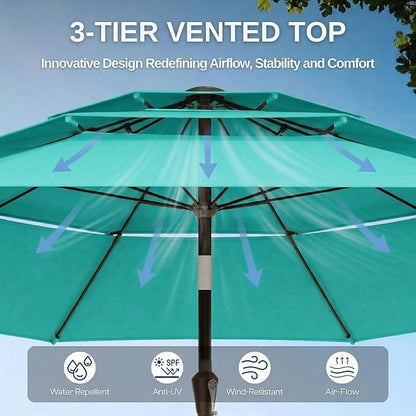 10ft Patio Umbrella, 3 Tier Outdoor Market Table Umbrellas with 8 Fiberglass Ribs and Push Button Tilt, Windproof, Vented Canopy, UV Protection for Deck, Pool, Backyard
