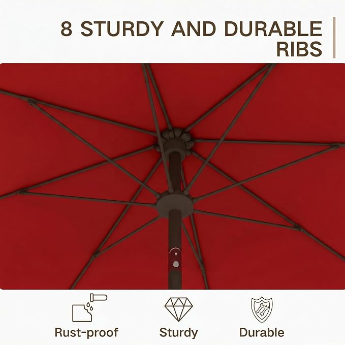 Kingdura 9FT Outdoor Patio Umbrella, Round Market Table Umbrella with Push‑Button Tilt and Crank Lift, 8 Sturdy Metal Ribs, UV50+ Protection Canopy for Backyard, Lawn, Deck, Poolside, Garden (Red)