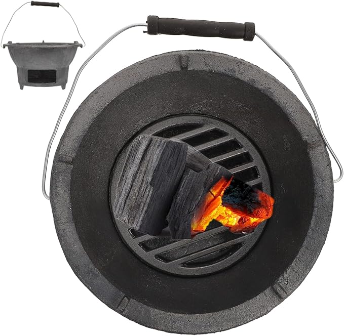 DOITOOL Cast Iron Charcoal Hibachi Grill, Portable Picnic Charcoal Stove for Outdoor Camping Barbecue Cooking, Small Round Burning Brazier Coal Stove for Cooking (Top Diameter: 8.26inches)