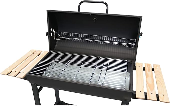 Charcoal Portable BBQ Grill with Wooden Shelf and Wheels, 49.2 in (125 cm) Wide