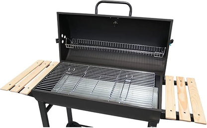 Charcoal Portable BBQ Grill with Wooden Shelf and Wheels, 49.2 in (125 cm) Wide