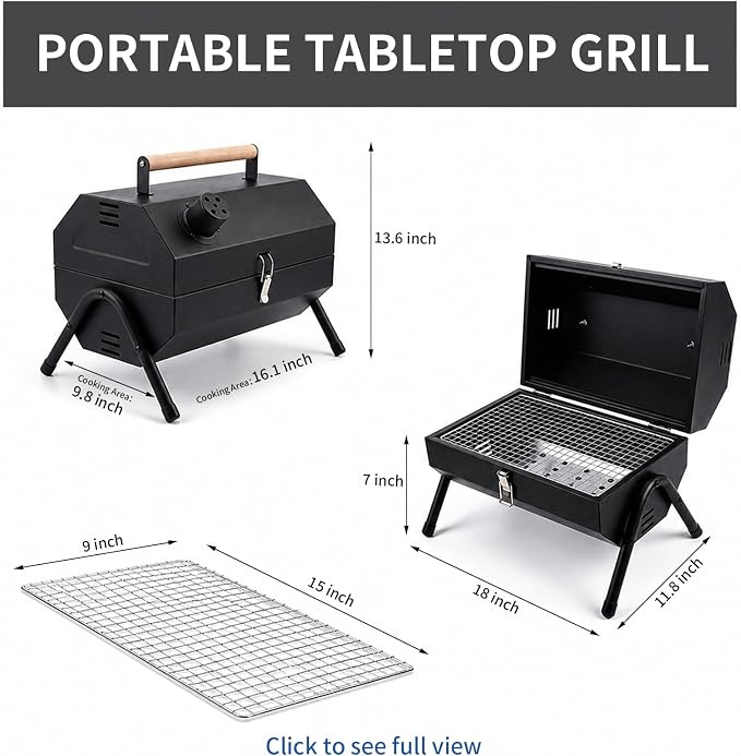 Tabletop Charcoal Grill, Portable Foldable Tabletop BBQ Grill with Dual Sided Griddle & Grill, Compact Folded Design, Thickened Body for Camping, Picnic & Outdoor Cooking