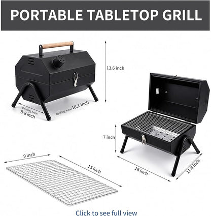 Tabletop Charcoal Grill, Portable Foldable Tabletop BBQ Grill with Dual Sided Griddle & Grill, Compact Folded Design, Thickened Body for Camping, Picnic & Outdoor Cooking