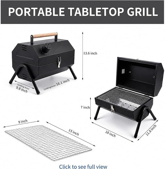 Tabletop Charcoal Grill, Portable Foldable Tabletop BBQ Grill with Dual Sided Griddle & Grill, Compact Folded Design, Thickened Body for Camping, Picnic & Outdoor Cooking