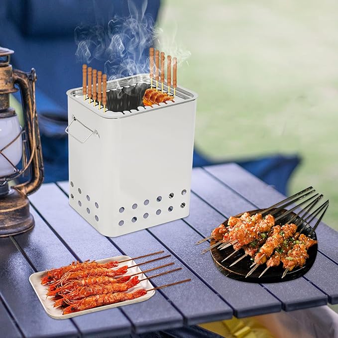 TFCFL Smokeless Square Barbecue Hanging Grill, Portable Smokeless Charcoal Grill, Stainless Charcoal BBQ Stove Kebob Grill with 26 Skewers Portable Vertical Charcoal Smoker for Travel Camping