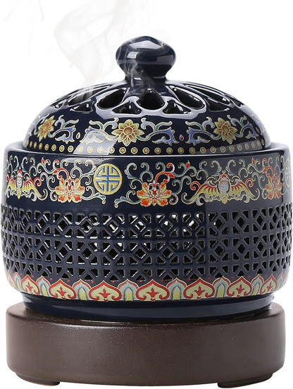 Ceramic Holder Electric Incense Burner Enamel Built-in LED Lights Simulate Flames, Classical, Elegant and High-end Hollow Design