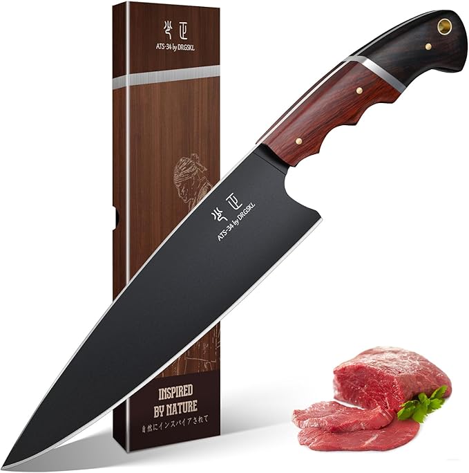 DRGSKL Japanese Chef Knife 8 Inch - Kitchen Knife Forged from a Single Piece of High Carbon ATS-34 Steel, Full-Tang Cooking Knife with Walnut Handle for Meat and Vegetables, Ideal Gift
