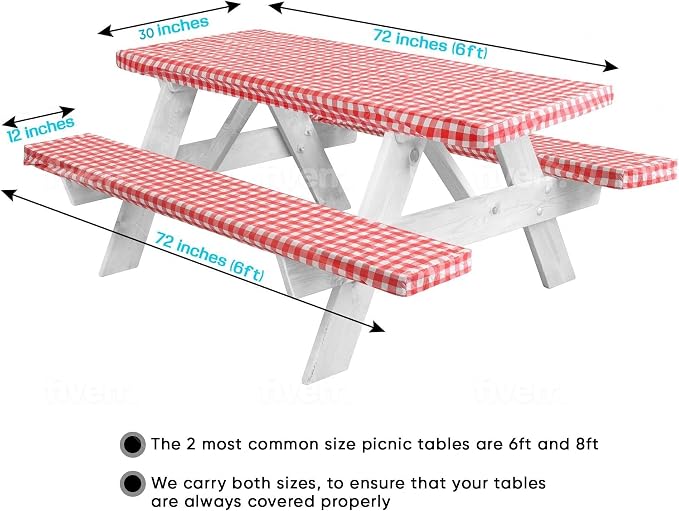LINPRO 6ft Picnic Table Cover with Bench Covers Vinyl Fitted Picnic Table Covers with Elastic Camping Essentials and picnic tablecloth and RV Accessories with bag