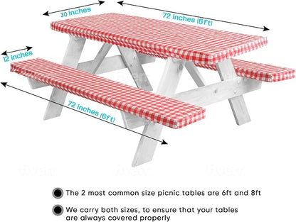 LINPRO 6ft Picnic Table Cover with Bench Covers Vinyl Fitted Picnic Table Covers with Elastic Camping Essentials and picnic tablecloth and RV Accessories with bag