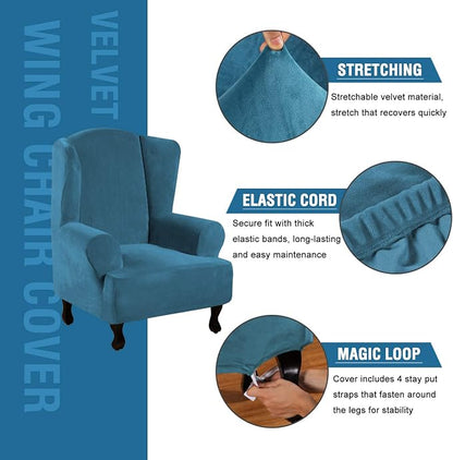 H.VERSAILTEX Wingback Chair Covers Velvet Plush Wing Chair Slipcover 1 Piece High Stretch Wing Back Chair Slipcovers Sofa Cover Furniture Cover with Elastic Bottom, Peacock Blue