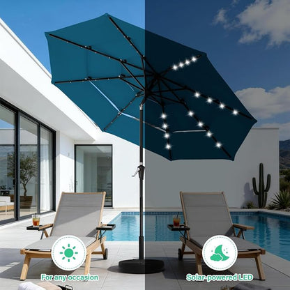 JEAREY 9 ft 3-Tier Outdoor LED Lighted Patio Umbrella w/Crank, Lake Blue | Solar Market Table Umbrella with 8 Sturdy Ribs, UV Protection Waterproof Sunproof for Garden, Deck and Backyard