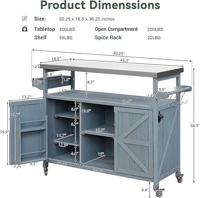 LUMISOL Outdoor Grill Cart with Stainless Steel Top, Farmhouse Solid Wood Kitchen Island with Storage Rack, Outdoor Rolling Bar Cart & Storage Cabinet with Spice & Towel Rack, Grey Blue