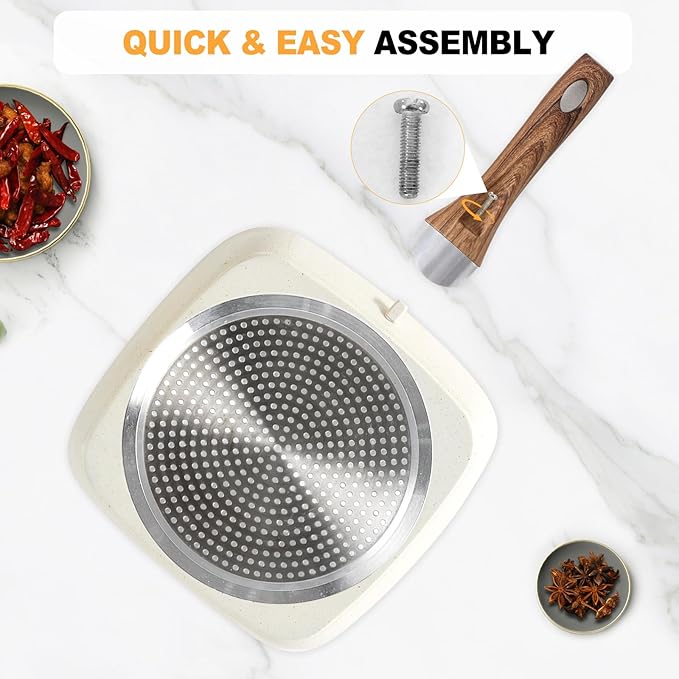 NEWBULIG 3-Piece Nonstick Grill Pan Set, Square Griddle Pans with Wooden Handles, Induction Cooktop Compatible, Nonstick Cookware for Steak, BBQ, Vegetables, Cream White, 9.5, 10.2, 11 Inch