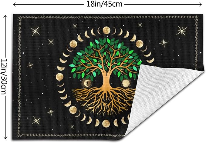 Black Placemats Set of 4, Ancient Life Tree Decorative Place Mats | for Dining Table Decor, Linen Washable Table Mats for Kitchen Outdoor Party Home Moon Luna Hippy Decor 12"x18"