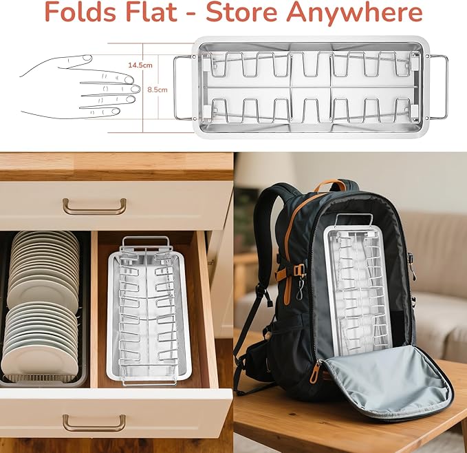G.a HOMEFAVOR 14-Slot Chicken Leg Rack for Grill & Wings - Premium Stainless Steel Foldable Roasting Rack with Detachable Drip Pan, Dishwasher-Safe BBQ Accessories for Oven, Grill, Camping, Parties