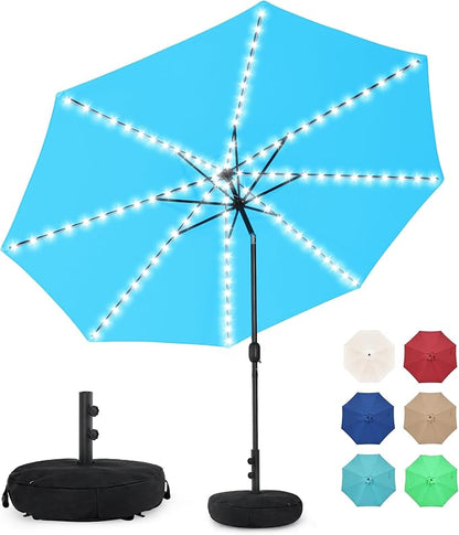 Sundale Outdoor 104 LED 11 FT Solar Patio Umbrella with Base, Blue | Sand Bag Umbrella Base, Tilt, Crank, Solar Lights