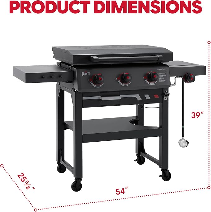Feasto 28-Inch 3 Burner Propane Flat Top Grill with Hood and Side Burner | 550 Sq. In. Outdoor Griddle with Protective Hood, 37,500 BTU Main Burners, 13,000 BTU Lidded Side Burner, Folding Side Table
