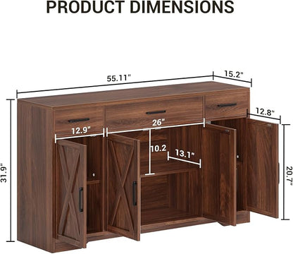 Garvee 55" Large Buffet Sideboard Cabinet, Coffee Bar Cabinet Buffet Table | Buffet Cabinet with Storage 4 Doors and 3 Drawers Kitchen Storage Cabinet for Dining Room, Living Room, Adjustable Shelf