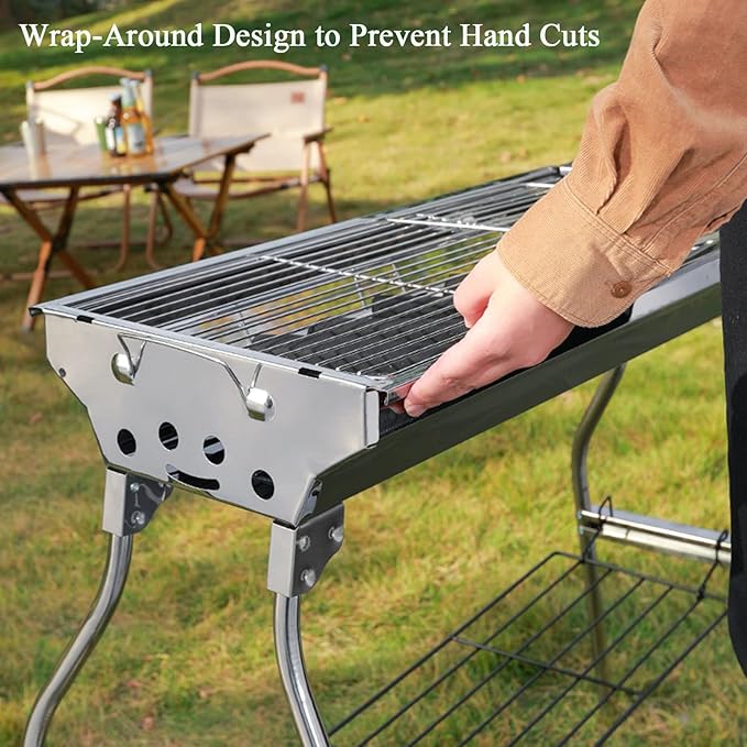 Large Folding Portable Charcoal Grill Large Camping Grill Stainless Steel Bbq Grill Kit with Carry Bag Outdoor Barbecue Suitable for Outdoor Picnics, Family Gatherings 73 * 70 * 33 cm