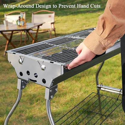 Large Folding Portable Charcoal Grill Large Camping Grill Stainless Steel Bbq Grill Kit with Carry Bag Outdoor Barbecue Suitable for Outdoor Picnics, Family Gatherings 73 * 70 * 33 cm