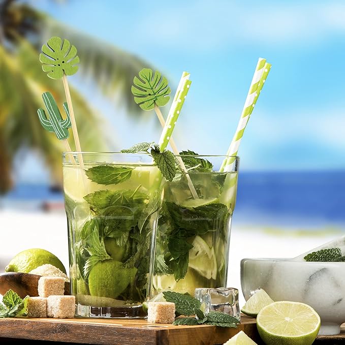 Minisland Green Monstera Leaf Cocktail Picks, 5 Inch Long Bamboo Fancy Toothpicks for Appetizers, Decorative Summer Tropical Hawaiian Party Food Drinks Garnish Fruit Skewer Sticks 100 Counts -MSL174