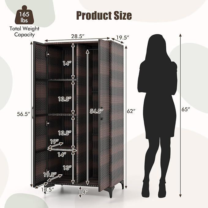 Giantex Wicker Storage Cabinet, 62” Tall Pantry Cabinet with 2 Doors, Hanging Rod, 4 Storage Cubes, Metal Legs, Anti-Tipping Device, PE Rattan Storage Cabinet for Home Office, Garage Cabinets (Brown)