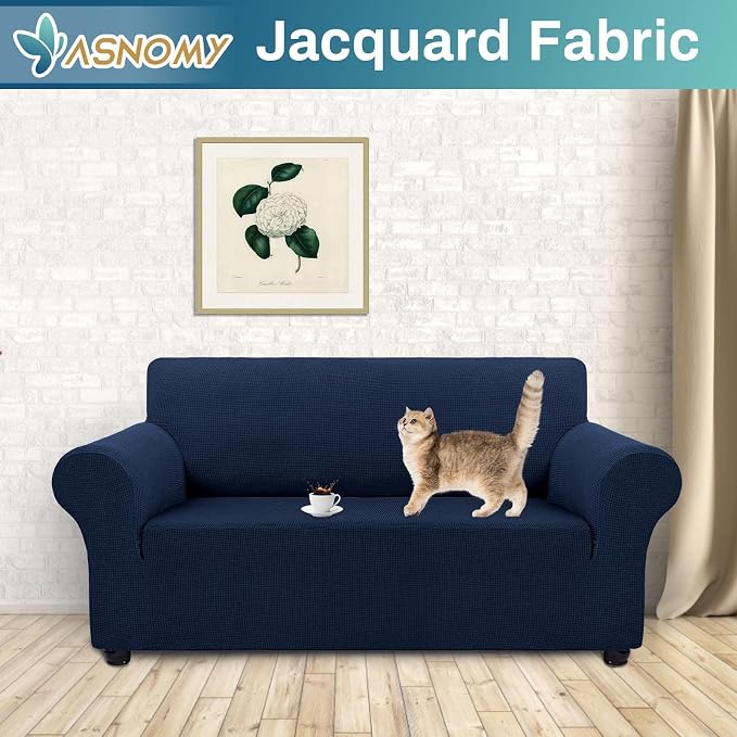 Asnomy Stretch Couch Covers Washable, loveseat Cover Slipcovers, Navy Blue | 1-Piece Sofa Cover(55"-78") loveseat cover Furniture Protector Soft Jacquard,Non-Slip Elastic Bottom for Dogs & Kids
