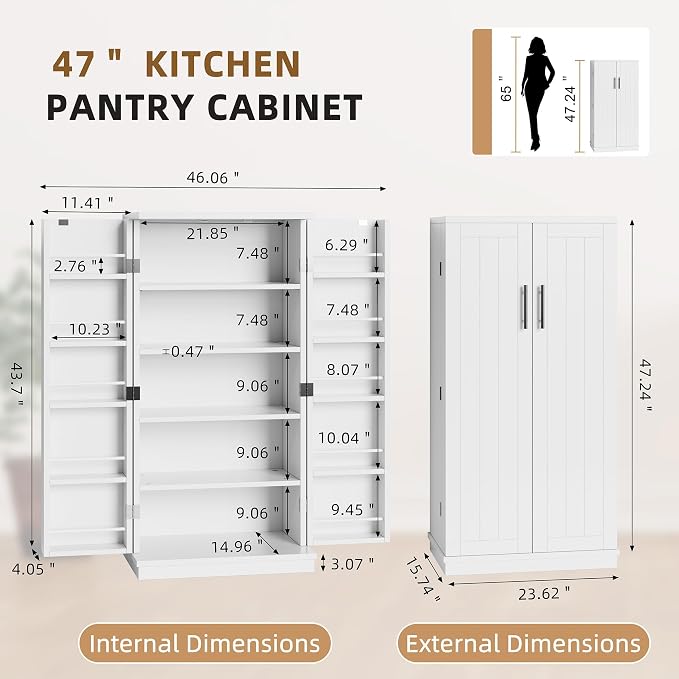 Shintenchi Kitchen Pantry Cabinet,5 - Layer Storage Cupboard with Adjustable Shelves for Organizing and Storing Food Items,47'' Versatile Buffet Sideboard for Kitchen, Bathroom and Laundry,White