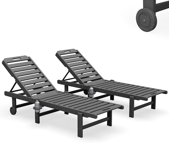 SERWALL HDPE Outdoor Chaise Lounge Set of 2 with Cup Holder & Wheels, Grey | Weather-resistant chaise lounge resists fading, with 5-level adjustable back, cup holder and wheels.