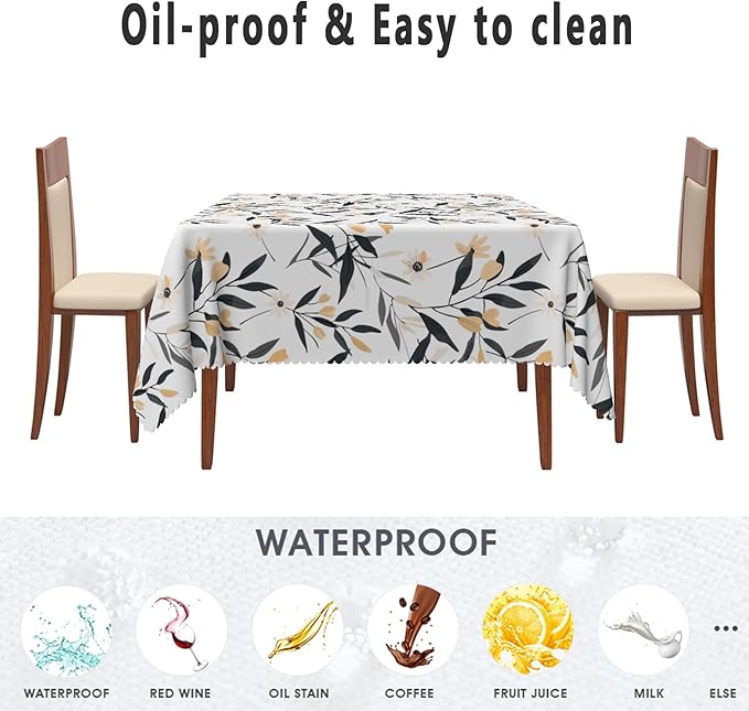 Floral Square Tablecloth Black and Yellow Leaves Flowers Table Cloth Perfect for Spring Home Decor 60x60 Inch Botanical Waterproof Resistant Table Cover for Kitchen Dining Room