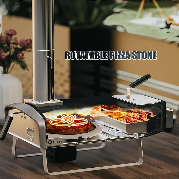 Wood Fire Pizza Oven with Rotatable Stone, Portable Wood/Charcoal Pizza Oven with Chimney and Door, Outdoor Pizza Stove for Backyard, Camping, Picnicking, RV, Tailgating, PS108