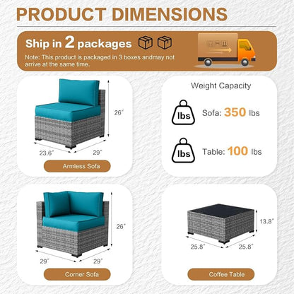 MOCHITO 5 Pieces Outdoor Patio Furniture Sets, All-Weather Sectional Sofa Grey PE Rattan Wicker Conversation Set with Glass Table and Washable Turkish Blue Cushions for Backyard,Sunroom,Garden,Porch