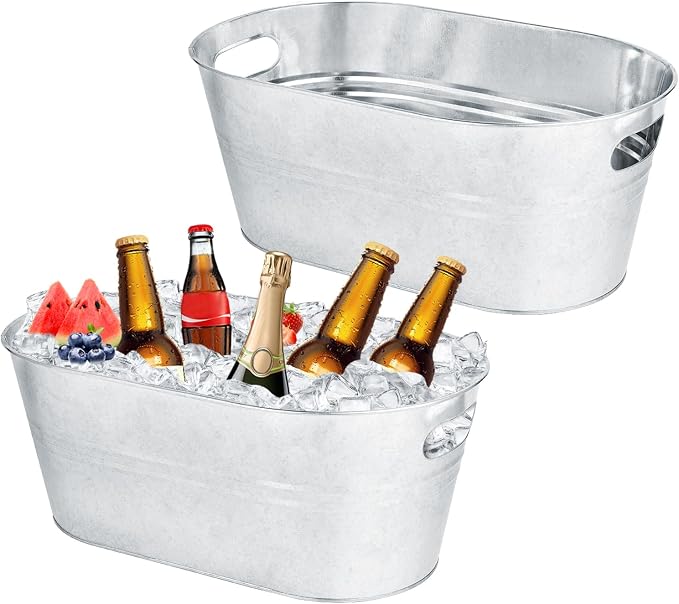 OBTANIM 2 Pack 4 Gallon Galvanized Ice Buckets Metal Champagne Drink Cooler Storage Ice Tub with Handles for Beer Cocktails Wine Beverage Home Parties Bar Cooling Supplies