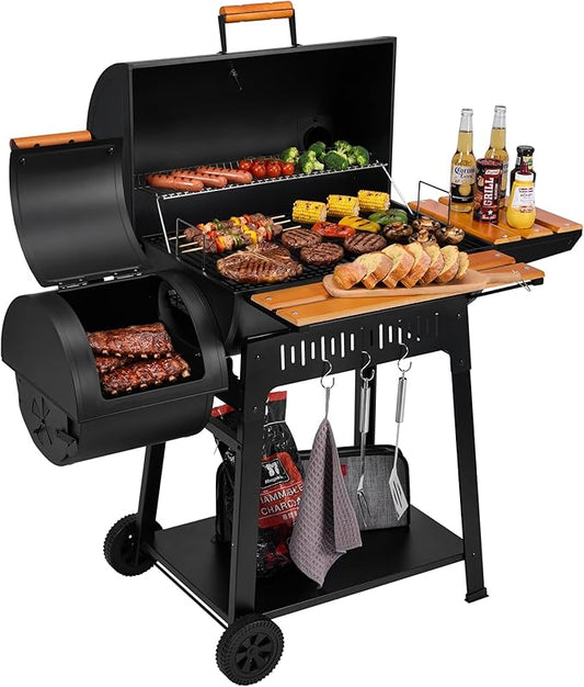 Barrel Charcoal Grill with Offset Smoker, 824 Sq. In. Cooking Area, Wooden Front Shelf, Bottom Shelf, Blow-Molded Wheels, Outdoor Charcoal Grill for Backyard Cooking, Black,CC1831W
