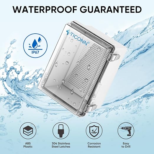 TICONN 2PK Outdoor Electrical Box Waterproof, Junction Box IP67 ABS Plastic Enclosure with Hinged Cover with Mounting Plate, Wall Brackets, Cable Glands (Clear, 11"X7.5"X5.5")