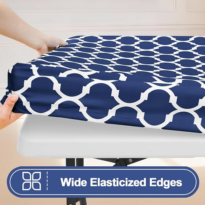 Smiry 2 Pack Rectangle Table Cloth 8 Foot, Waterproof Elastic Fitted Tablecloths, Windproof Washable Polyester Table Cover for Picnic, Camping, Outdoor (Navy, 30"x96")